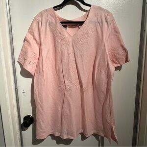 Edward Woman 100% Irish Linen Soft Pink Embroidered Short Sleeve Blouse Top 3X